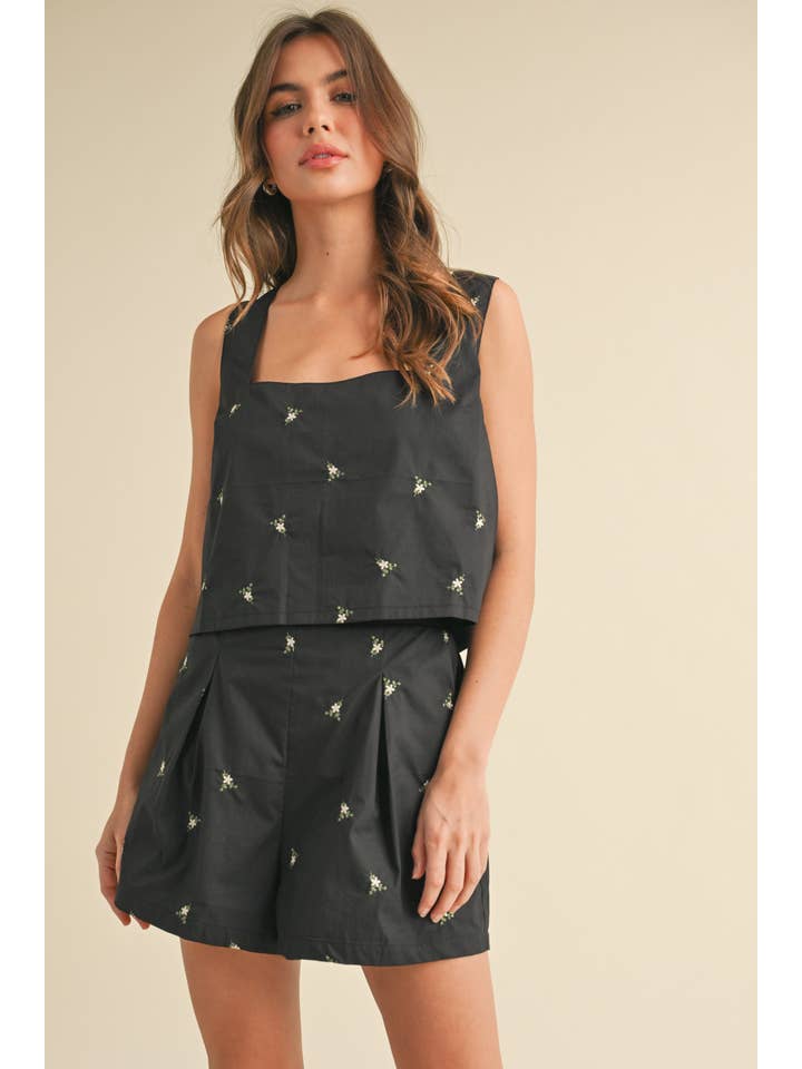 Black IST5876-A EMBROIDERY SLEEVELESS TOP AND SHORTS SET for wholesale on Faire