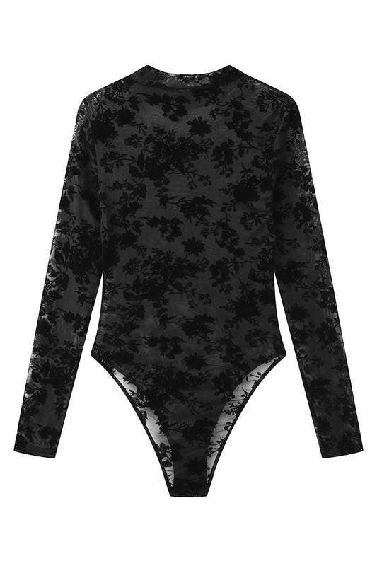 BLACK leopard mesh long sleeves bodysuit for wholesale on Faire8