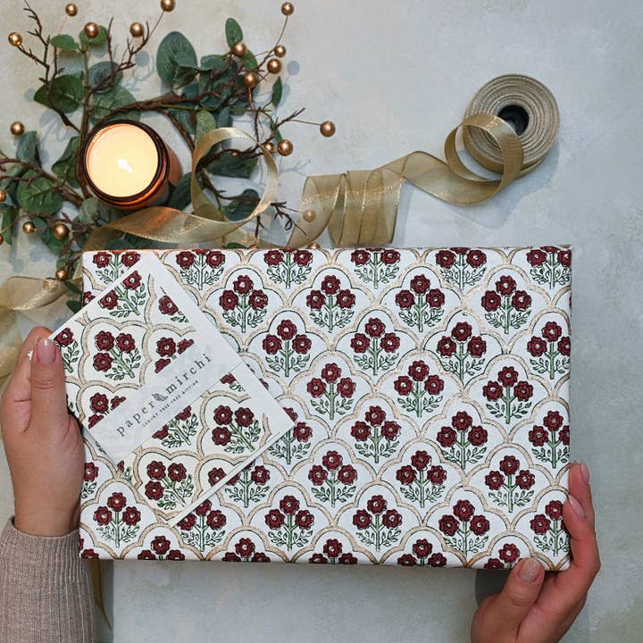 Paper Mirchi - Wholesale Flat Wrap - Block Printed Wrapping Paper Sheets - BP Trellis Cherry5