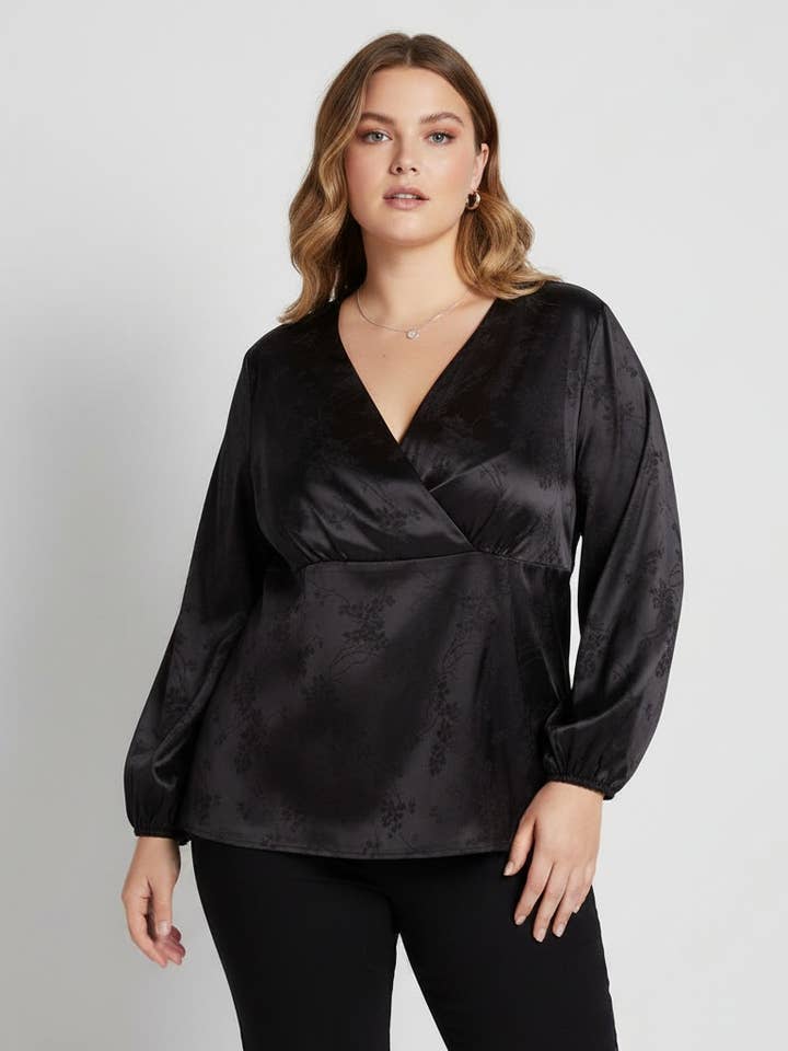 Black floral print wrap blouse (C6244) for wholesale by Pomme Rouge Paris