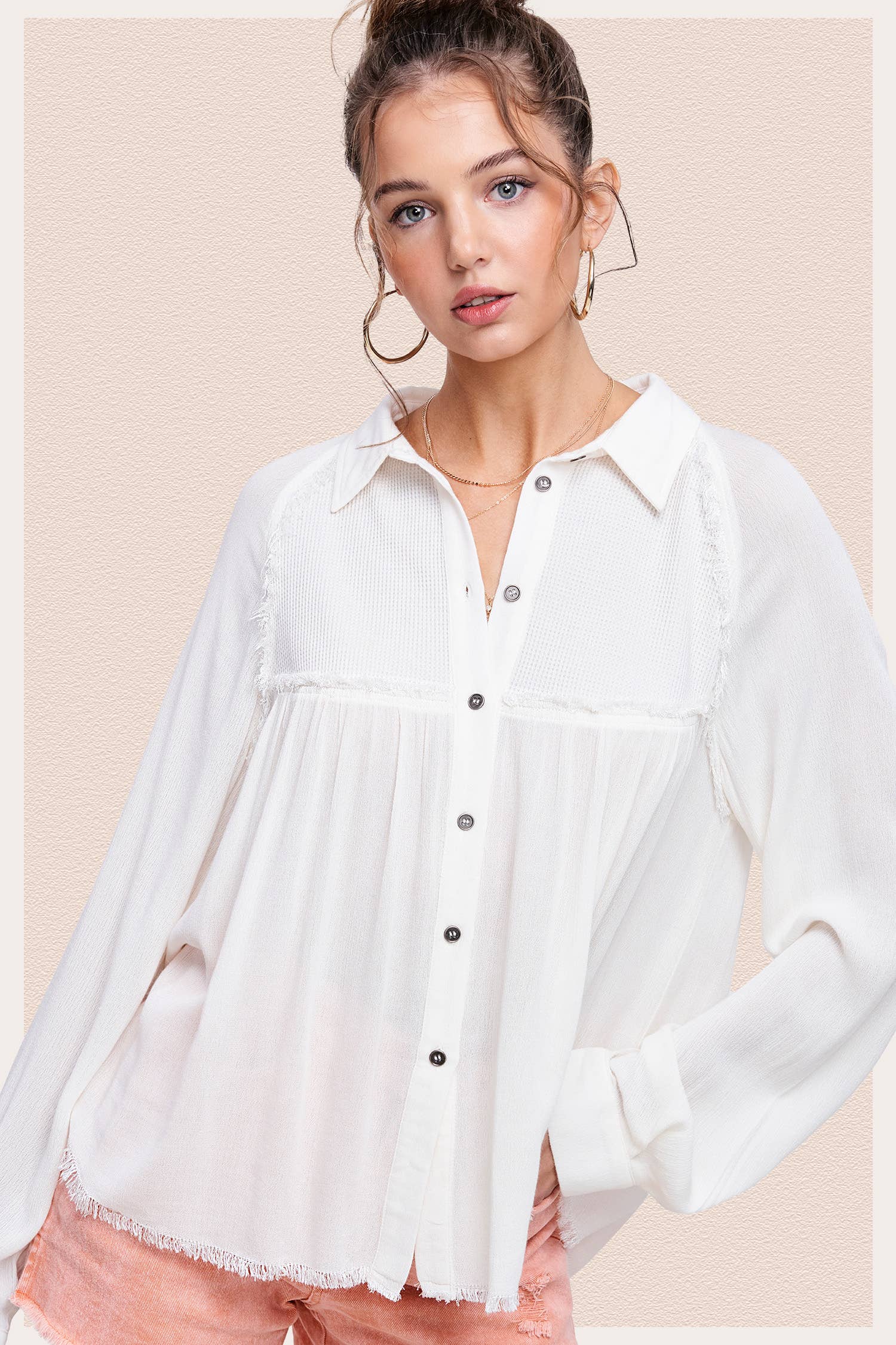 La Miel - Wholesale Button Down Shirt - Women's - SRT7802-Soft Washed Button Down Waffle Textured Gauze Shirts17