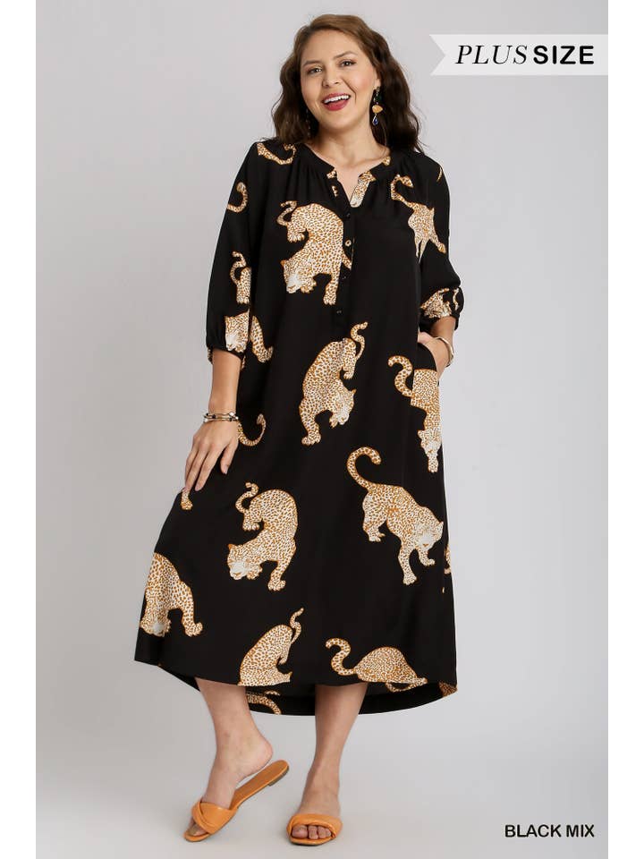 Vanilla Monkey - Wholesale Dress - Women's - Plus Cheetah Print Half Button Down Midi Dress