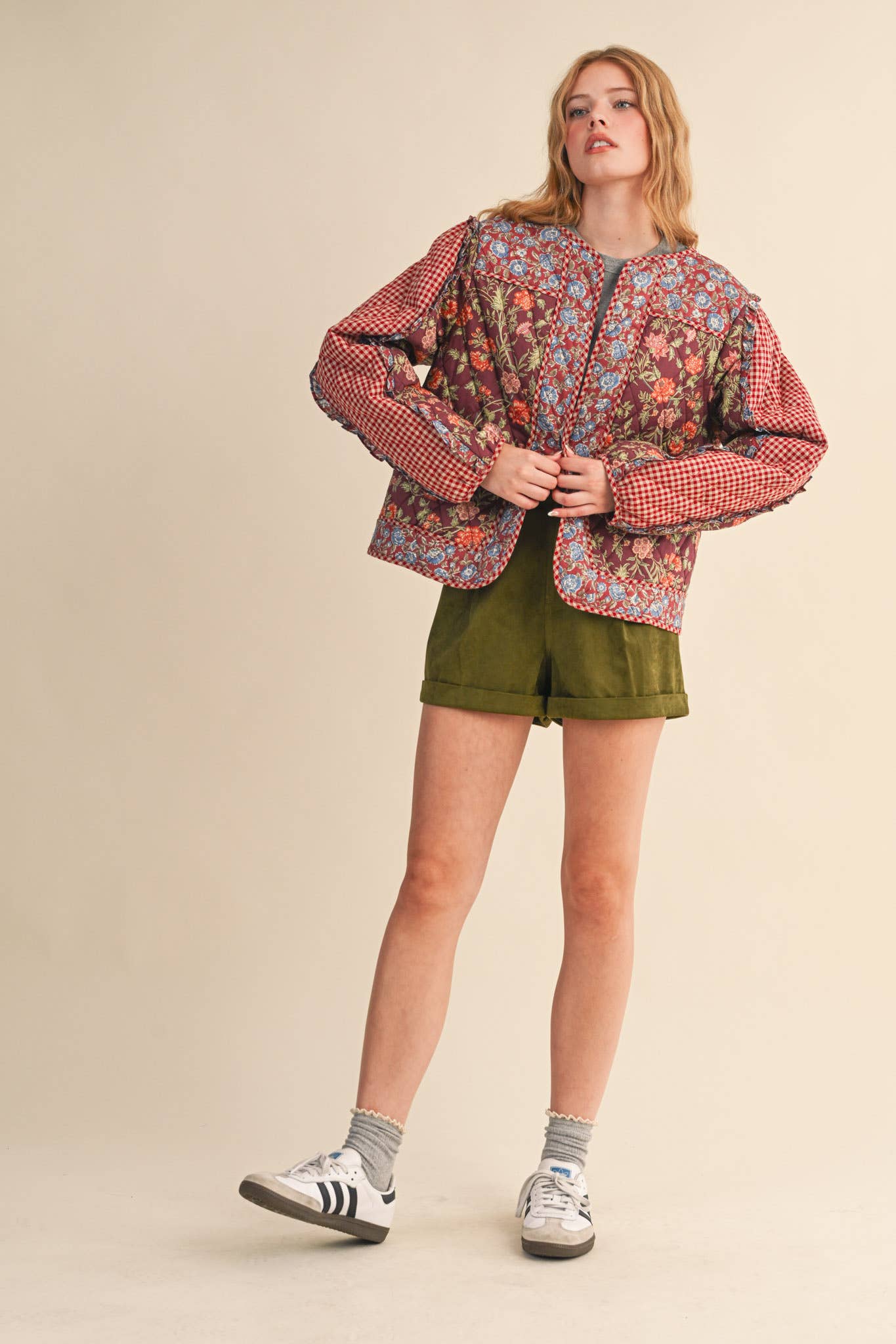 BURGUNDY MULTI MIXED PRINT QUILTED JACKET WITH RUFFLE TRIM MJK4531 for wholesale on Faire8