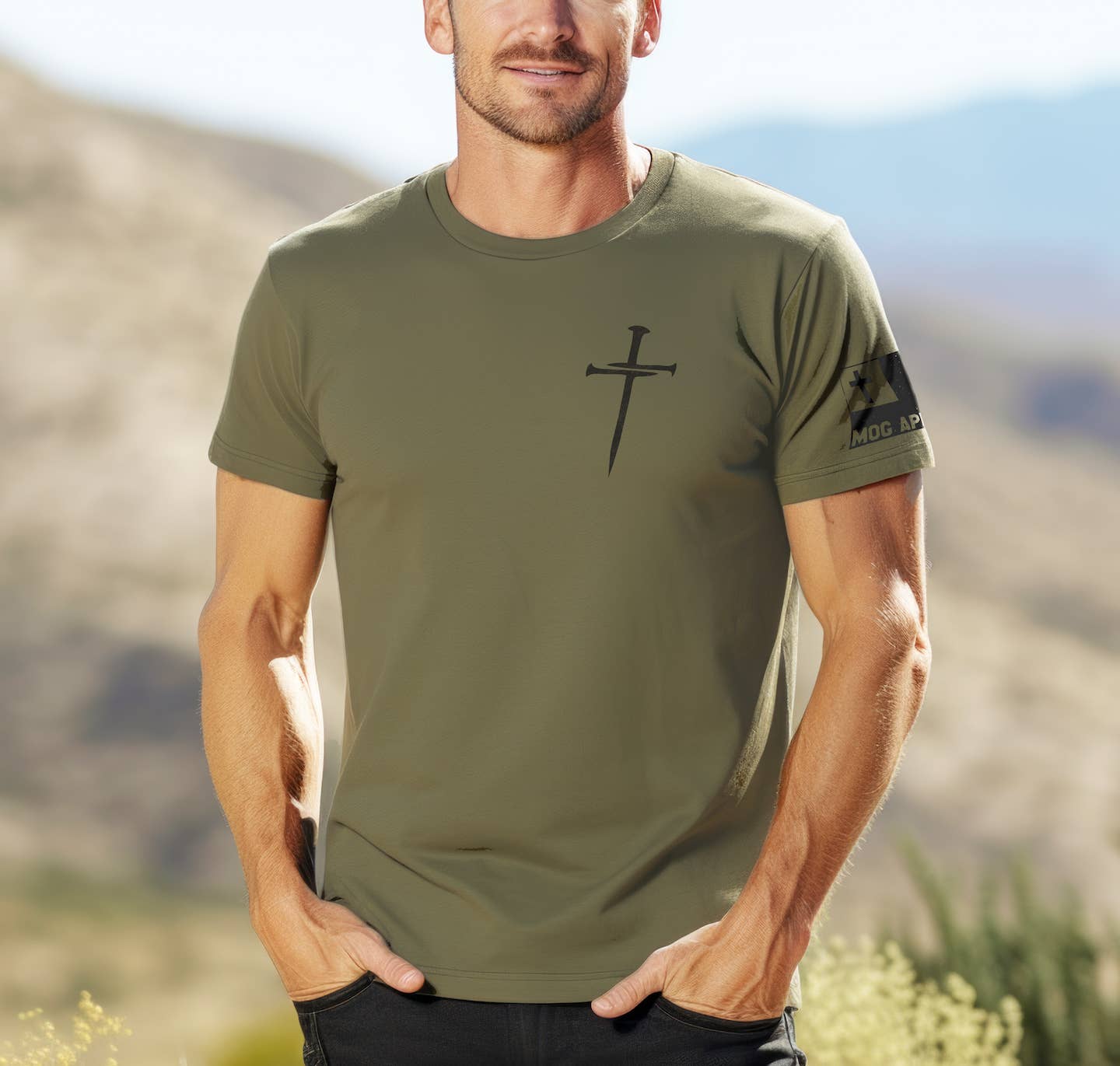 Never Lose Hope Designs - Wholesale Screen Printed T-Shirt - Men's - Three Nails Christian Graphic Tee - Heather Mil. Green