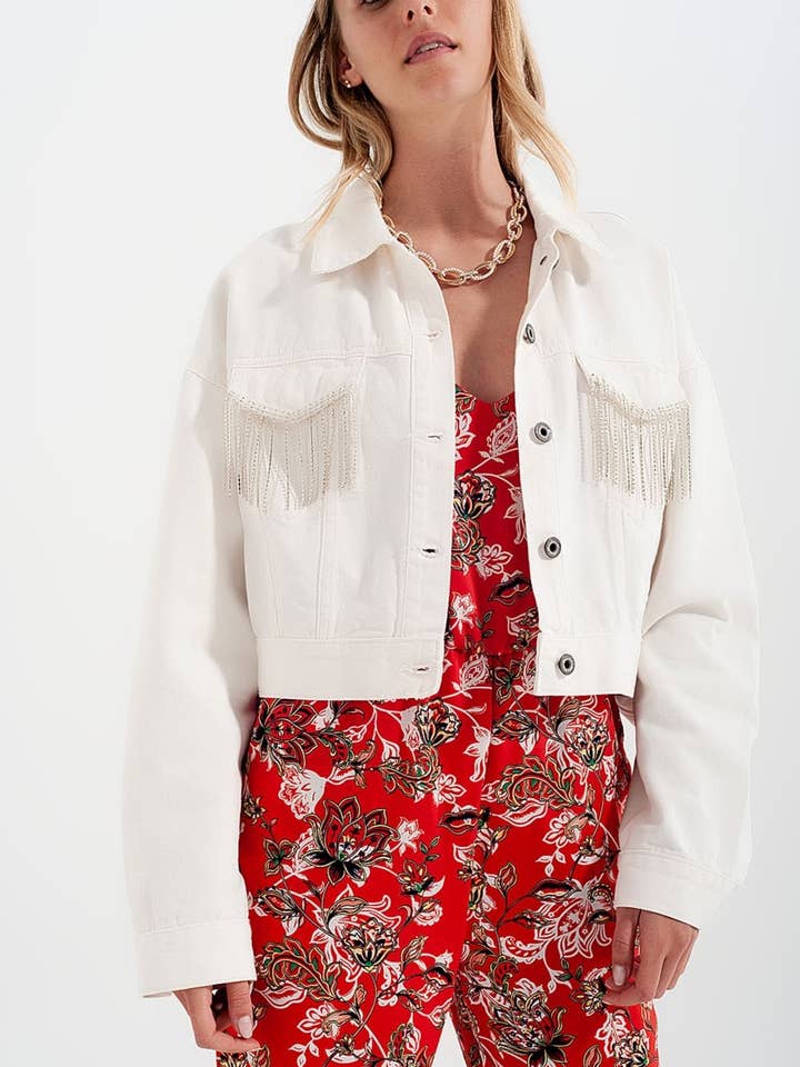 Denim jacket with diamante fringing in white for wholesale on Faire5