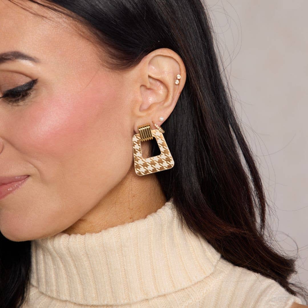 Nickel and Suede - Wholesale Dangle Earrings - Ecru & Bronze Houndstooth Avery3