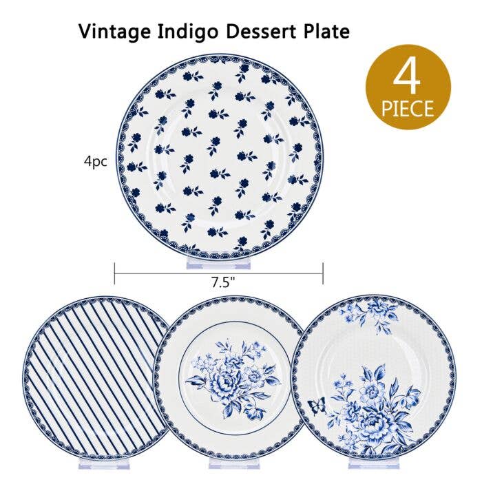 STP - Wholesale Dinner Plate - Vintage Indigo Porcelain Dessert Plate Set of 4, 7.5"5
