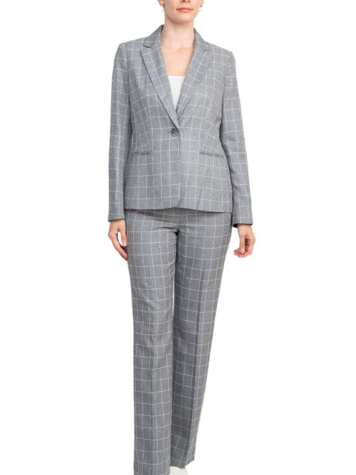 Completo Le Suit con giacca a un bottone con colletto dentellato e motivo finestrato mélange, chiusura con gancio e zip, pantaloni in crêpe (set due pezzi) per la vendita all'ingrosso da parte di Immediate Apparel