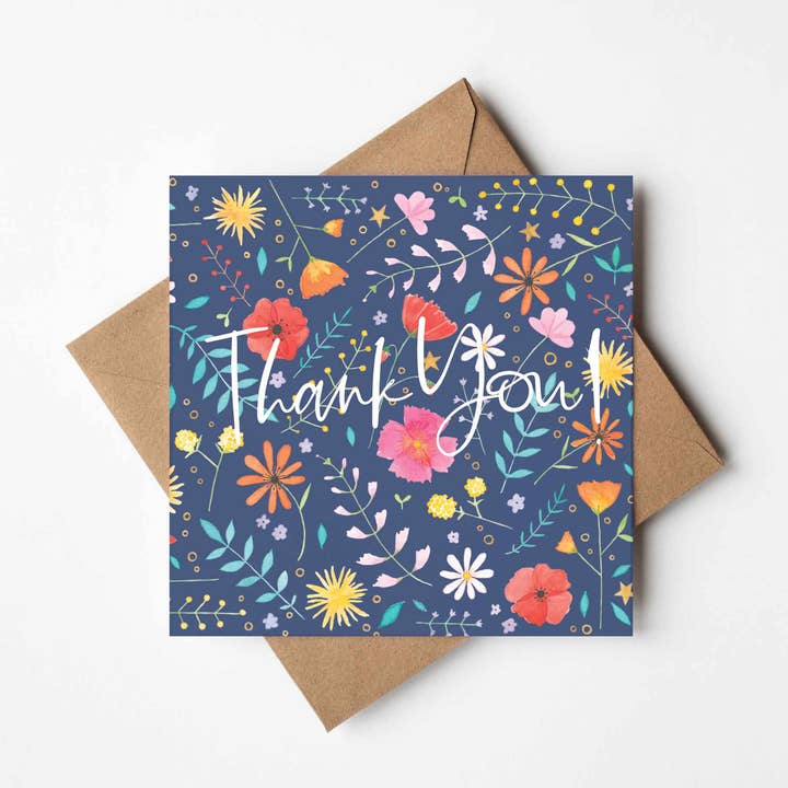 Thank you, floral patterned, square greeting card for wholesale by By Antonia Illustration