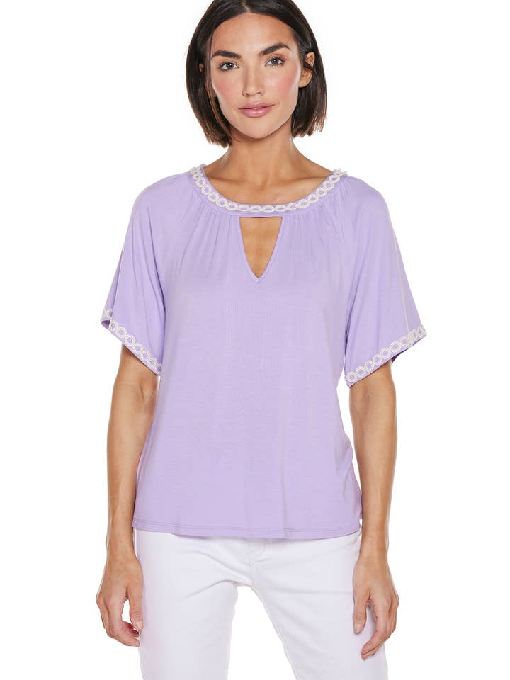 Women’s Crochet-Trim Short Sleeve Knit Top for wholesale by Belldini