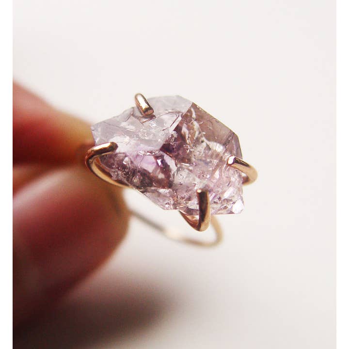 Friedasophie - Wholesale Single Stone/Solitaire Ring - Amethyst Herkimer Gold Ring, Raw Amethyst Crystal Ring