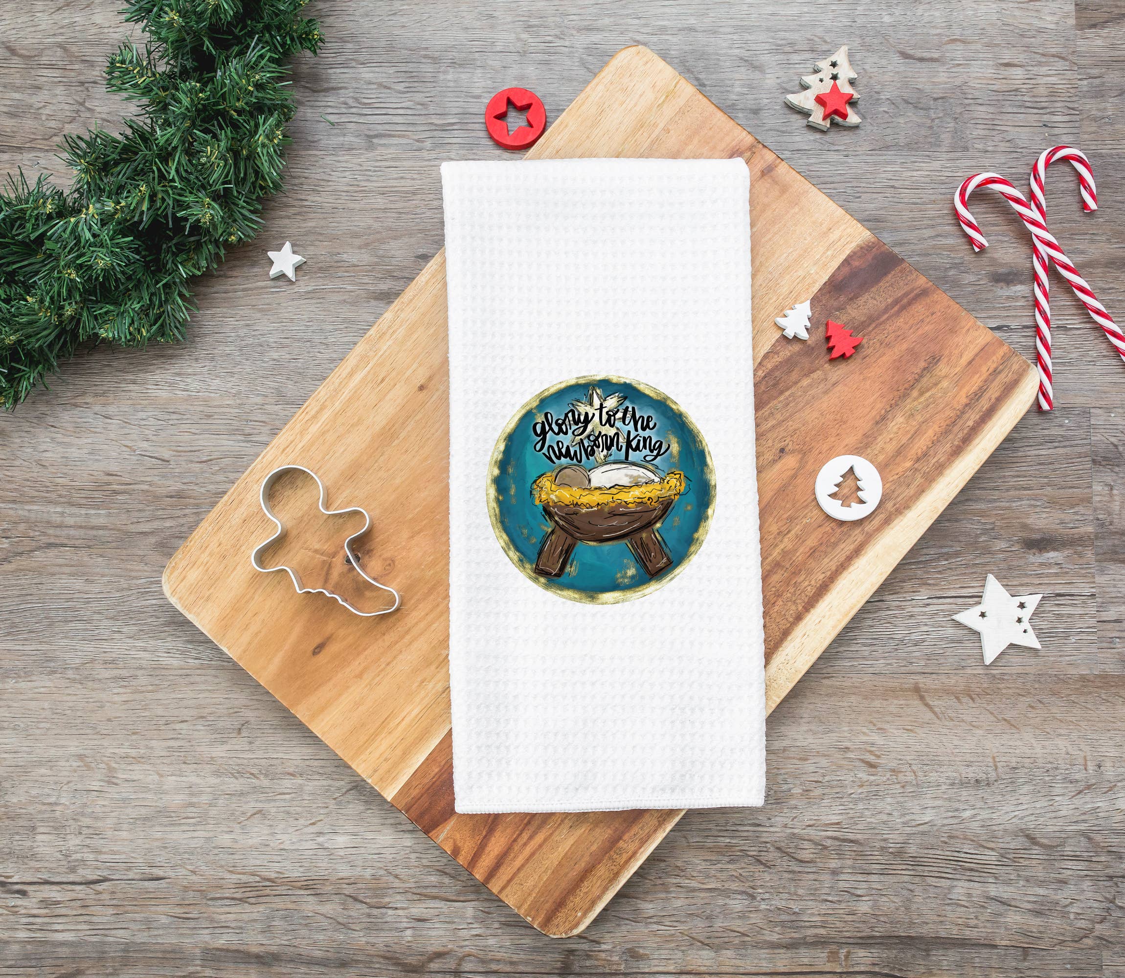 Canary Road - Vente Torchons - Torchon de cuisine Glory Newborn King, torchon de Noël bleu sarcelle0