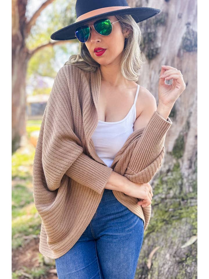 Beige Taupe Soft Rib Strikket Skuldercardigan for engroshandel på Faire