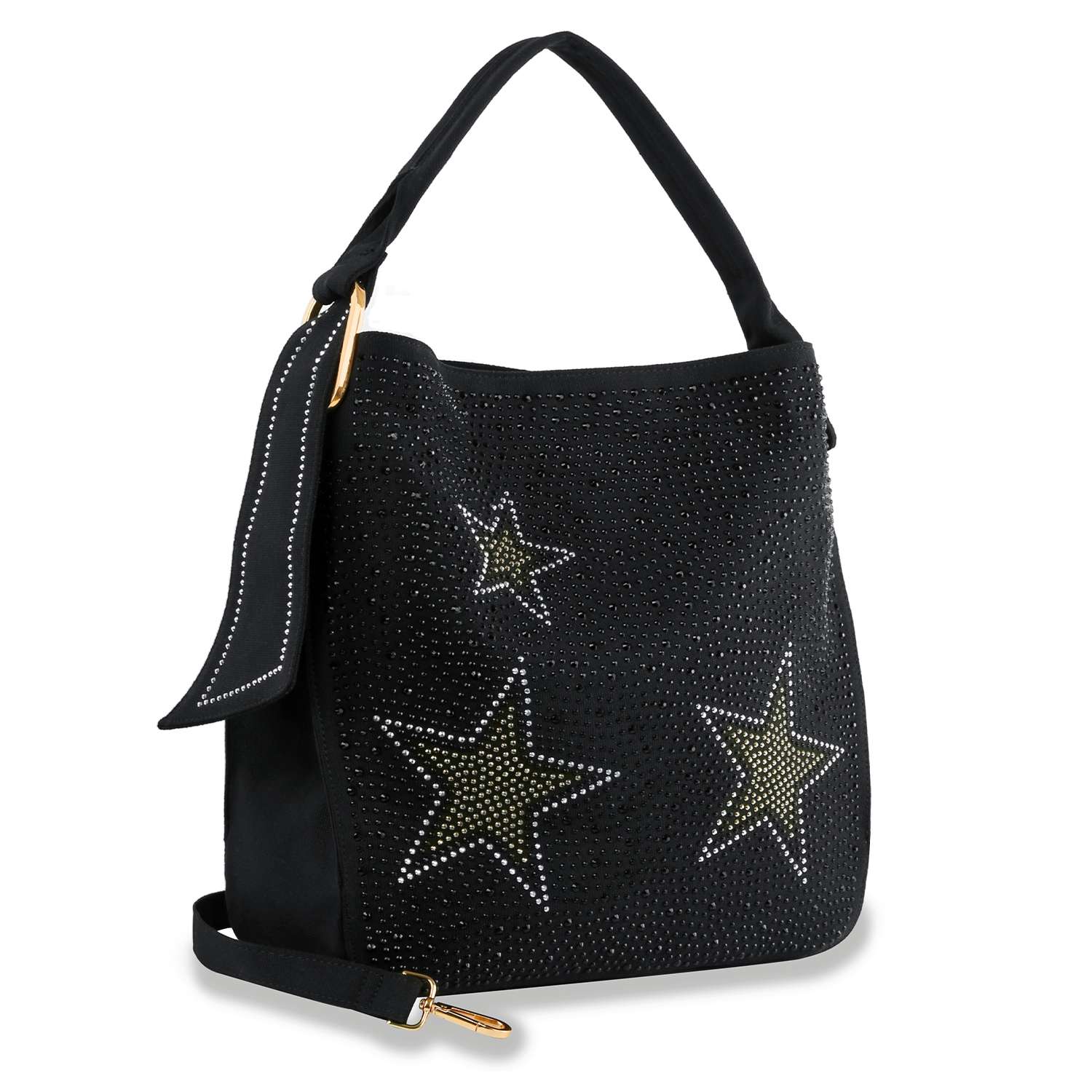 Black Sparkling Stars Denim Hobo Handbag for wholesale on Faire0