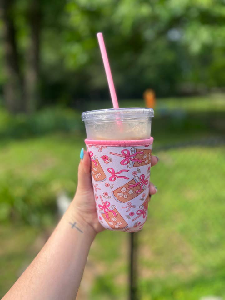 Iced Coffee Sleeve - Pink Bow Design for wholesale by Hairy Winstons
