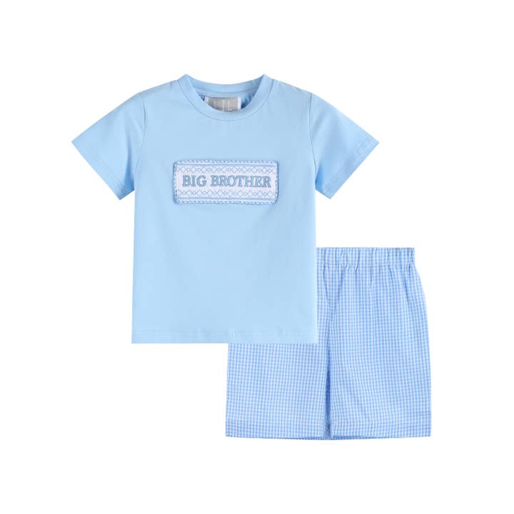 Light Blue Big Brother Smocked Shirt and Shorts Set for wholesale by Lil Cactus