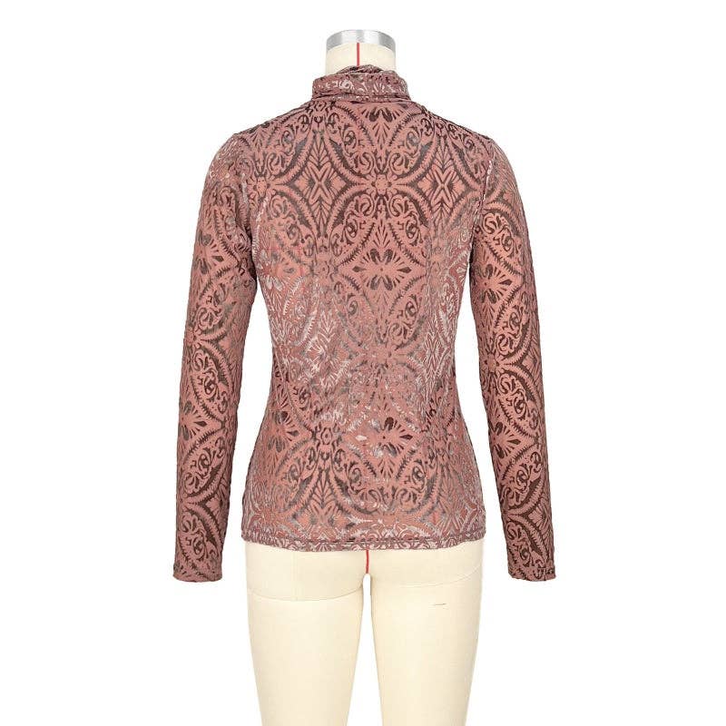 safistyle - Wholesale Blouse - Women's - High Neck Velvet Printed Long-Sleeve Top1