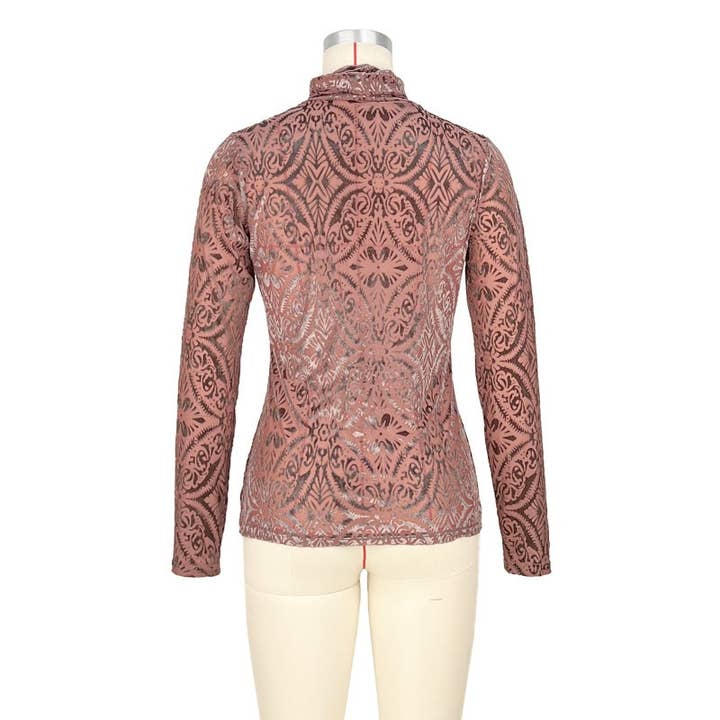 safistyle - Wholesale Blouse - Women's - High Neck Velvet Printed Long-Sleeve Top1