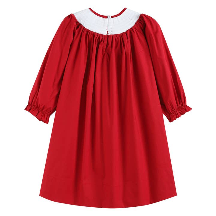 Lil Cactus - Wholesale Dress – Kids - Red Poplin Santa Long Sleeve Smocked Bishop Dress1