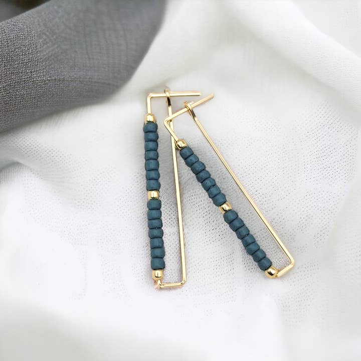 Bijou by SAM - Wholesale Dangle Earrings - Gold Rectangle Earrings with Dark Teal Seed Beads