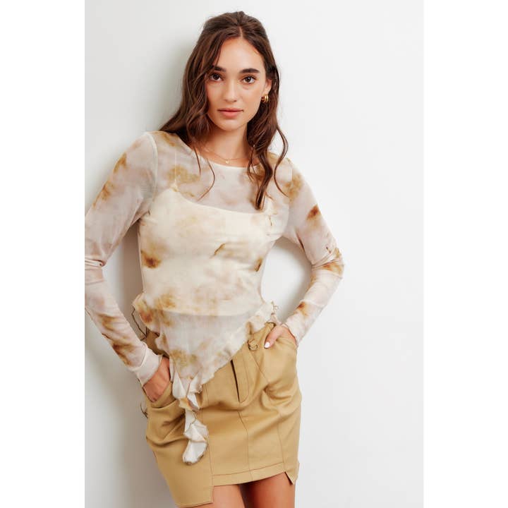 idem ditto - Wholesale Blouse - Women's - HIGH NECK TIE DYE MESH TOP WITH UNEVEN RUFFLED HEM