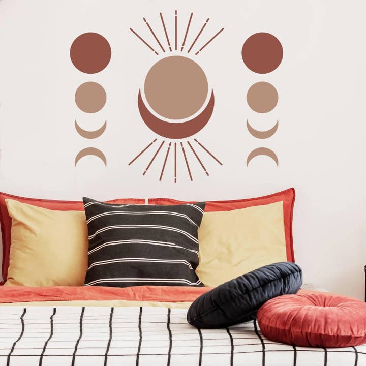 Creciente bohemio y fases de la luna - Elegante pegatina de vinilo para pared para venta al por mayor de Decords