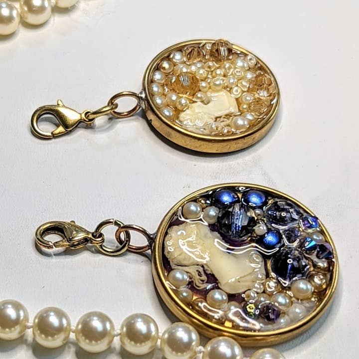 Gay Isber Designs - Wholesale Pendant/Charm Necklace - 2 Removable Cameo Pendants + Hand Knotted Round Vintage Japan Pearls Necklace Gay Isber Sister Collection