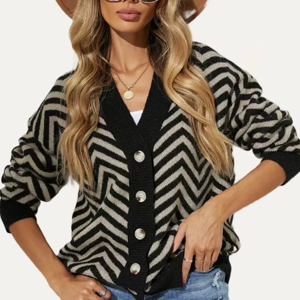 ZWART MULTI Opwarmbare gestreepte gebreide vesttrui met knoopsluiting voor groothandel op Faire3