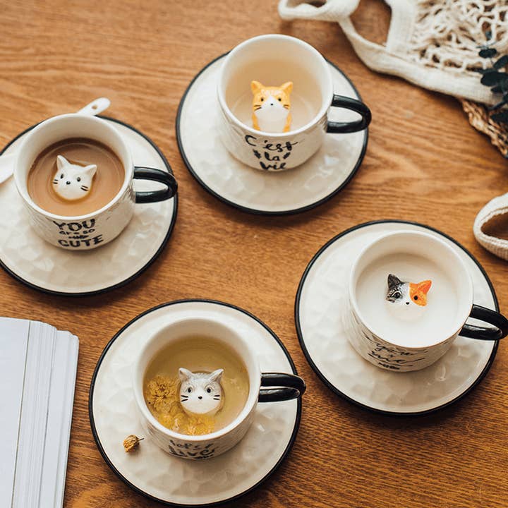 Homerely (We Cover All Import Duties) - Wholesale Coffee Mug - Cat Ceramic Mug with Saucer2