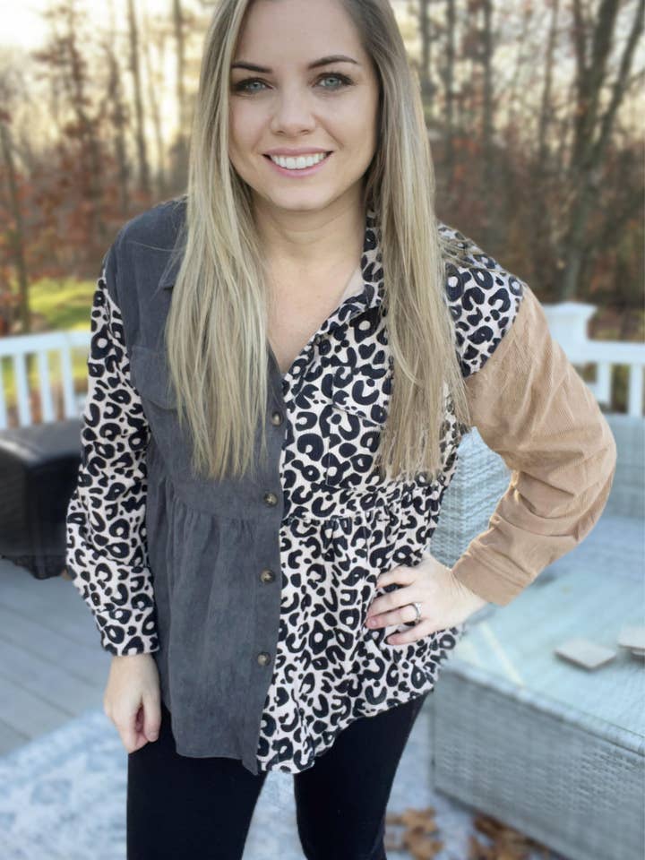 RTS: Half Leopard Baby Doll Corded Shacket for wholesale by Forever3AM