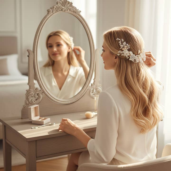 ATHENA COLLECTIE - BLOEMIGE JUWEEL HAARKAM - HC218 ZILVER voor wholesale door Athena Bridal Jewellery