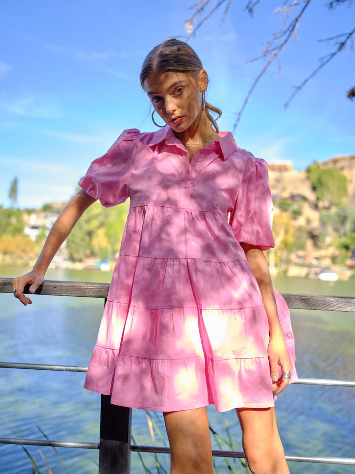 Blue B - Wholesale Dress - Women's - 32476D - Button Up Tiered Puff SLV Shirt Dress0