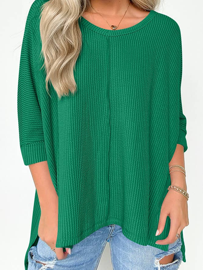 UNISHE - Wholesale Knit Top - Women's - Plain V Neck Textured Bat Wing Sleeves Top ASJP094