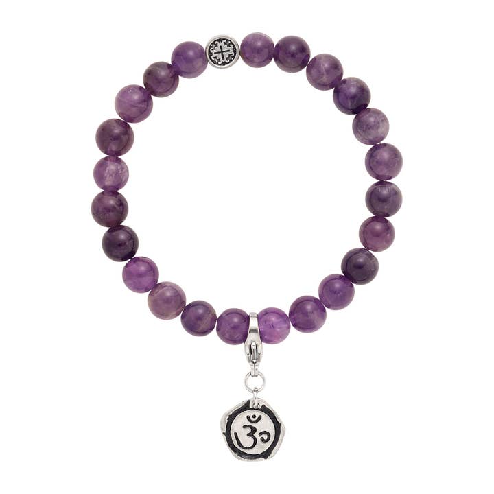 CROWN CHAKRA: Amethyst Unisex Stretch Bracelet with Detachable Chakra Charm for wholesale by Mala and Mantra