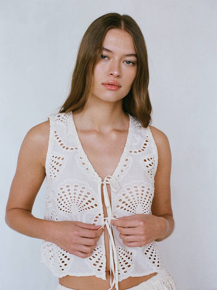 Natural PW2003 | Woven 100% Cotton Eyelet Tie String Open Front Tank for wholesale on Faire0