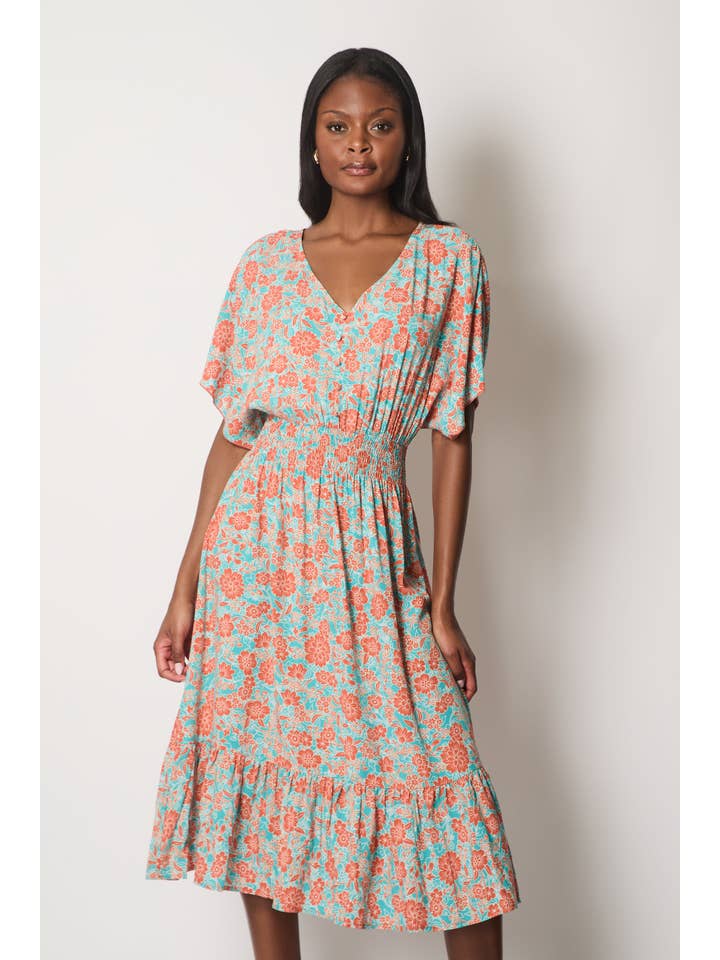 SOLO – Vestido - Mulher por atacado – Vestido midi floral laranja com mangas evasê