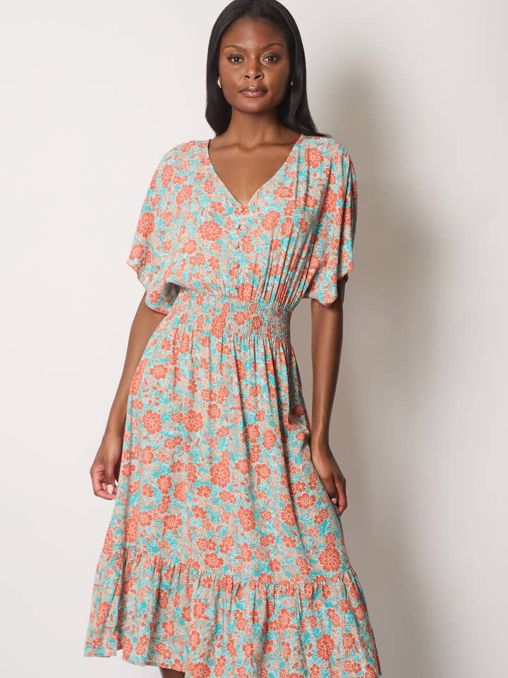 Midi-jurk met bloemenprint en vleermuismouwen - oranje voor wholesale door SOLO