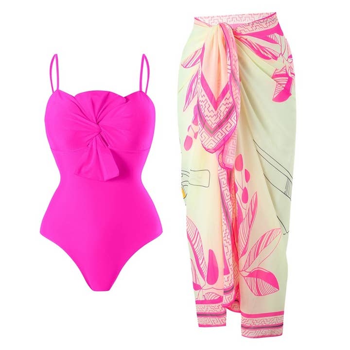 Plush Looks - Wholesale Two Piece Swimsuit - Women's - Solid Color One Piece Swimsuit With Floral Print Skirt Set