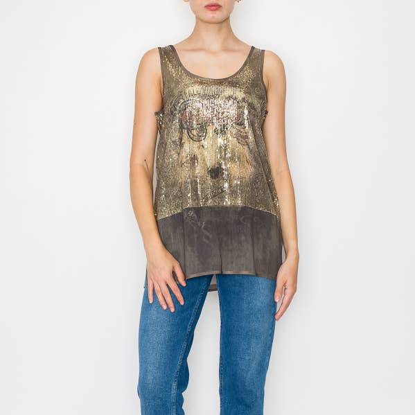 Paillettop med chiffonlag – 4636 GOLD/RODEO for engroshandel hos Origami Apparel ~ Lace and Crochet inspired