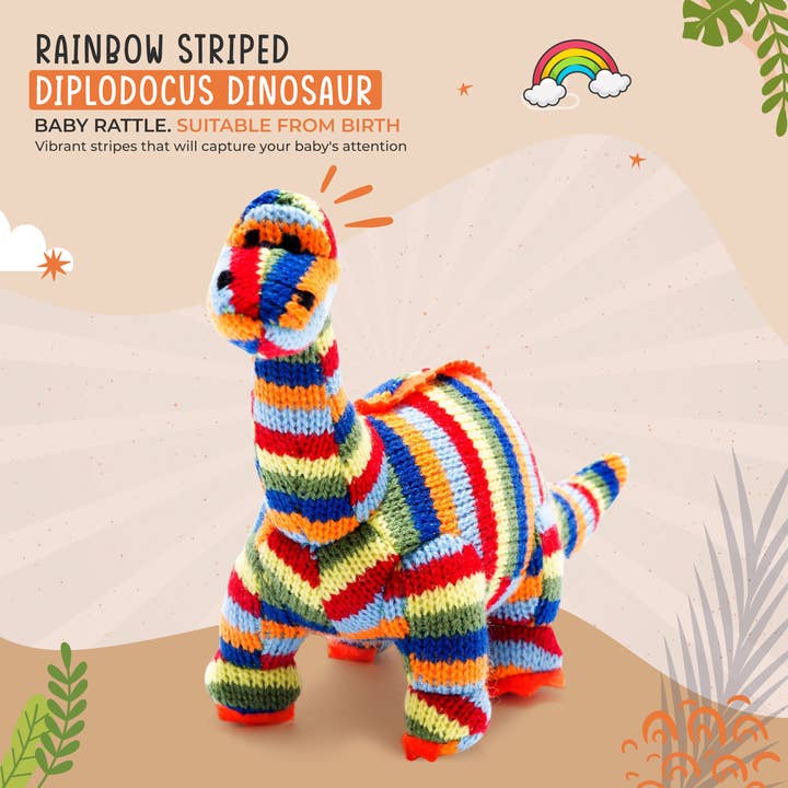 Gestrickte Diplodocus Dinosaurier-Babyrassel mit Regenbogenstreifen für den Großhandel von Best Years Ltd