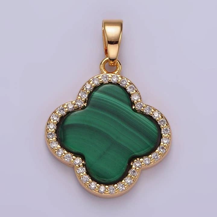16K Gold Filled Malachite Micro Paved CZ Quatrefoil Pendant | N1915 for wholesale by Aim Eternal