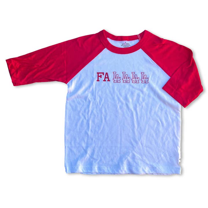 Sol Baby FA LA LA LA LA T-shirt de vacances rouge à manches raglan pour la vente par Sol Baby