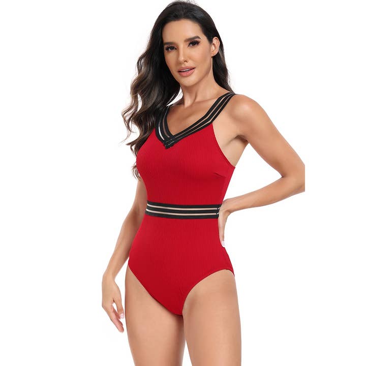 Supreme Fashion – Großhandel Badeanzug – Damen – Ärmellose Badeanzüge aus festem Strick mit Spitzenbesatz3