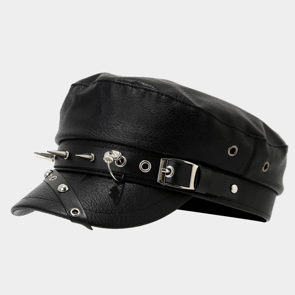 ACCITY - Wholesale Baseball Cap - Women's - Punk Leather Flat Top Cap Studded Army Hat_CWAH046304