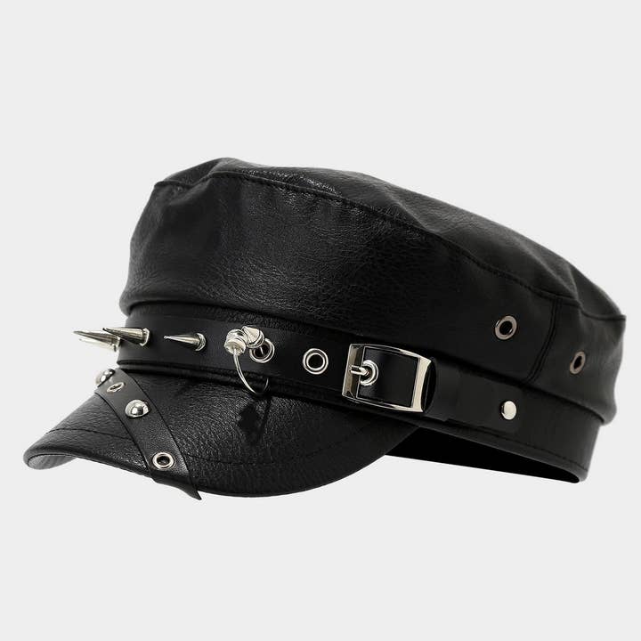 ACCITY - Wholesale Baseball Cap - Women's - Punk Leather Flat Top Cap Studded Army Hat_CWAH046304