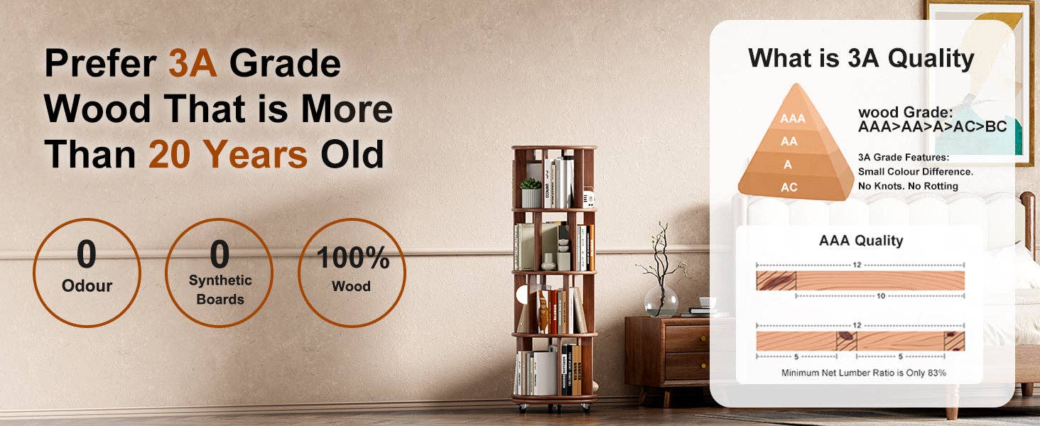 39F Inc. - Wholesale Bookcase - Walnut 4-Tier 100% Solid Wood Rotating Bookshelf with Wheel14