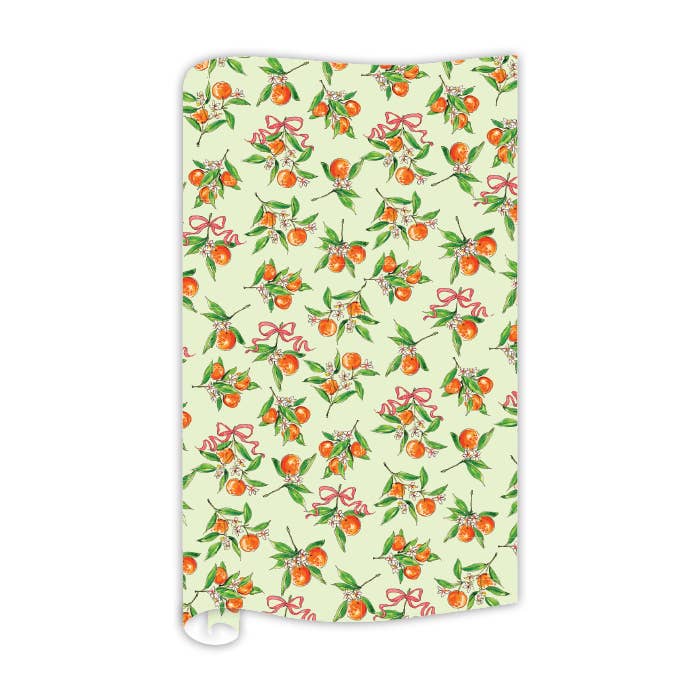 Handbeschilderde oranje takjes en strikken op groen inpakpapier voor wholesale door RosanneBeck Collections