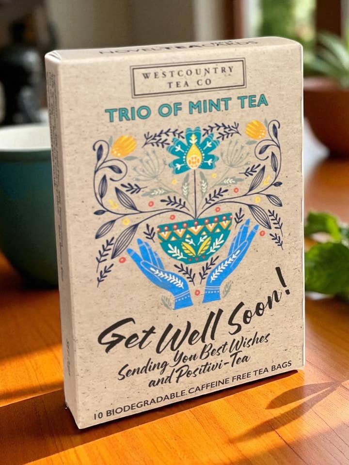 Trio of Mint Tea Get Well Soon novelTEAcard Gift for wholesale by Westcountry Tea Co.