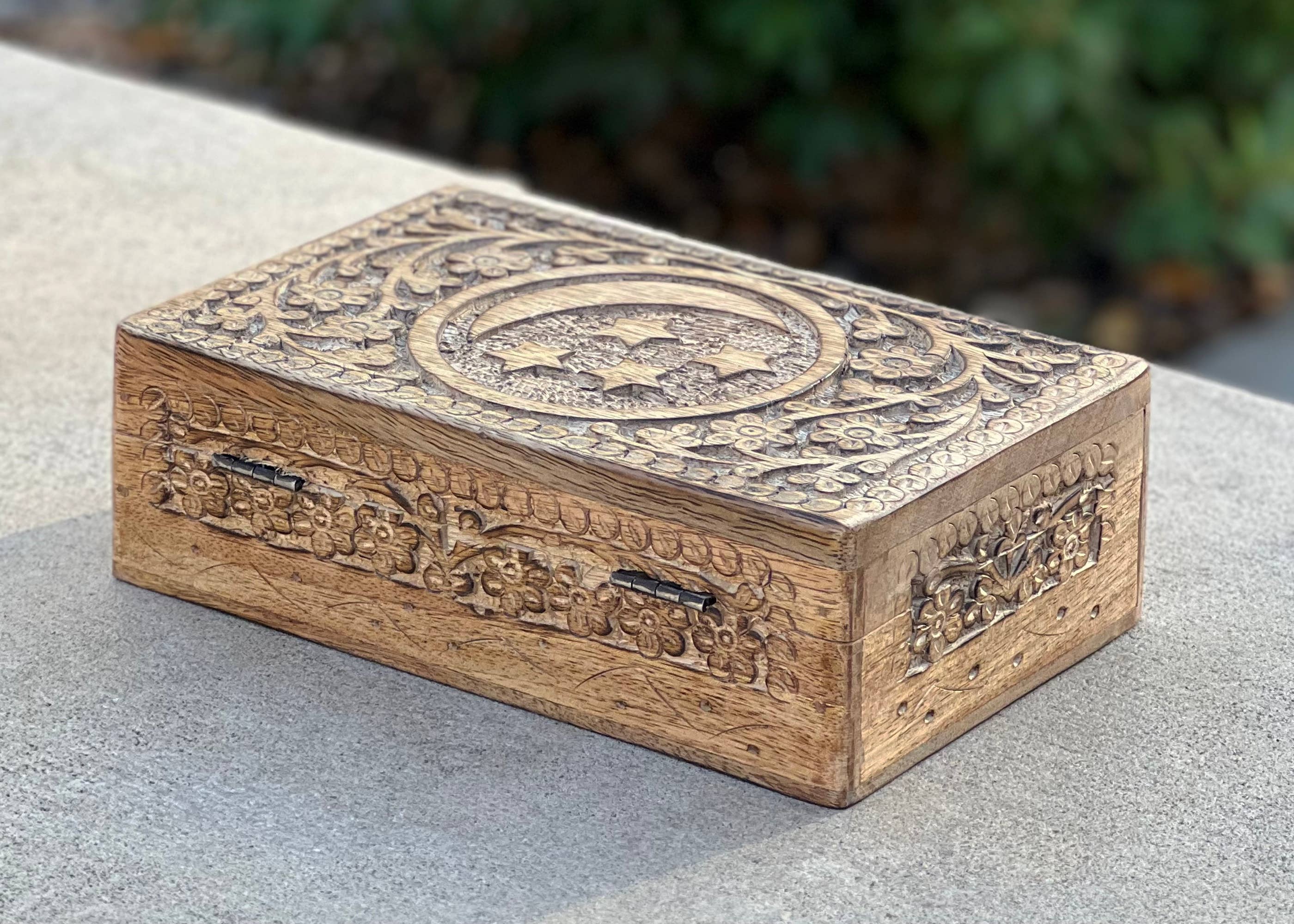 Lungta Imports - Wholesale Decorative Box - Celestial Moon and Stars Hand Carved Wooden Box Storage3