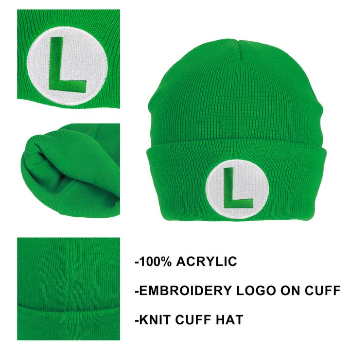Bioworld Merchandising - Wholesale Beanie - Unisex - Super Mario Luigi Logo Embroidery Standard Cuff Acrylic Knit Beanie Cuff Beanie1
